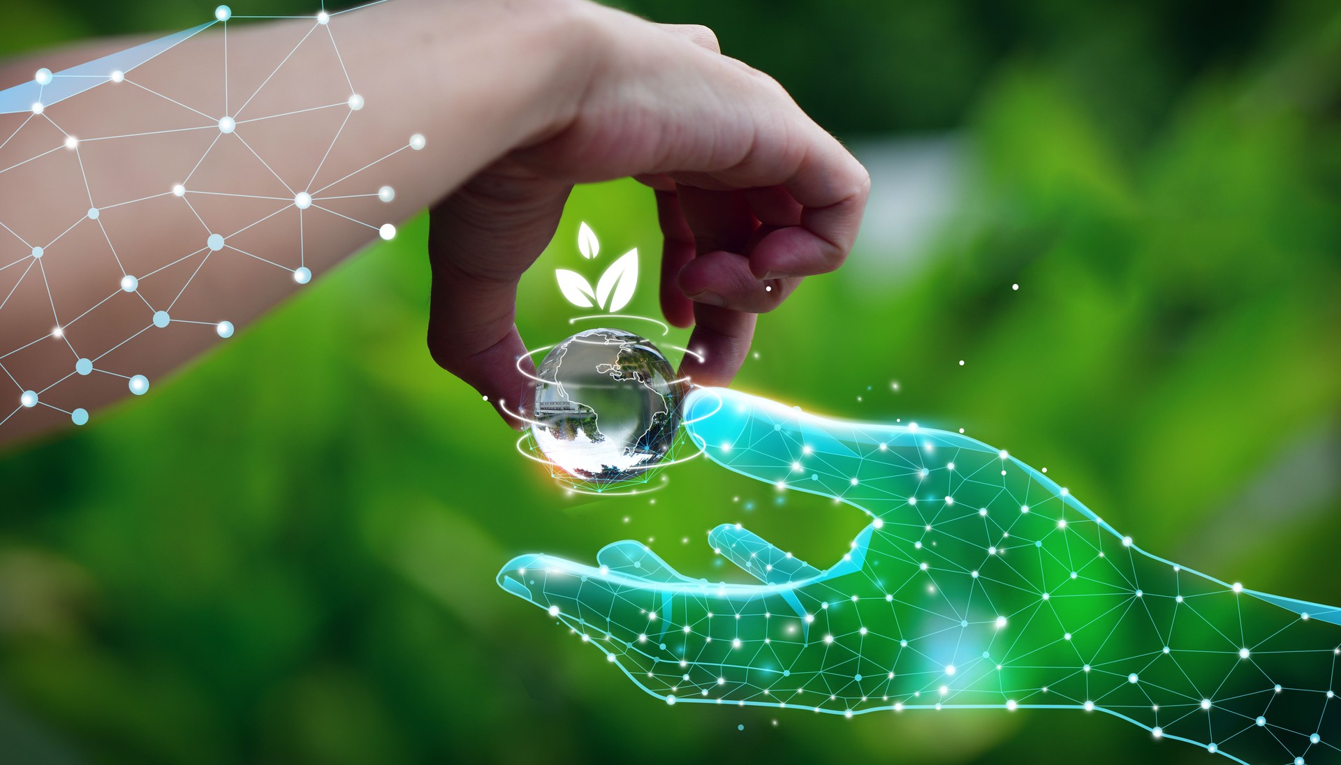 Human hands and AI robot hands holding the planet earth. artificial intelligence Machine Learning Help humans take care of the world, Machine Learning,